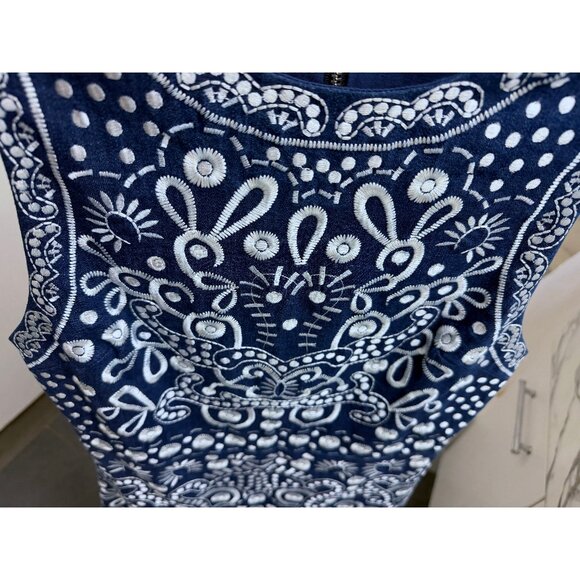 Alice + Olivia Rapunzel Mini Dress Embroidered Blue Denim Floral Dot Chambray 4 - Picture 7 of 15